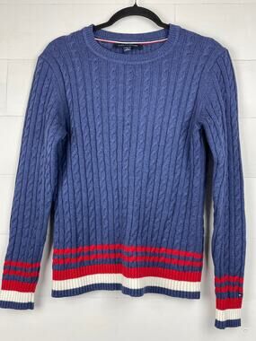 Tommy Hilfiger Cable Knit Sweater Med Denim BlueRedWhite Varsity Stripes Cotton
